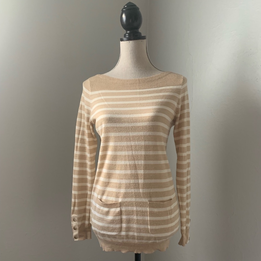 Loft boatneck sweater, tan and cream stripes